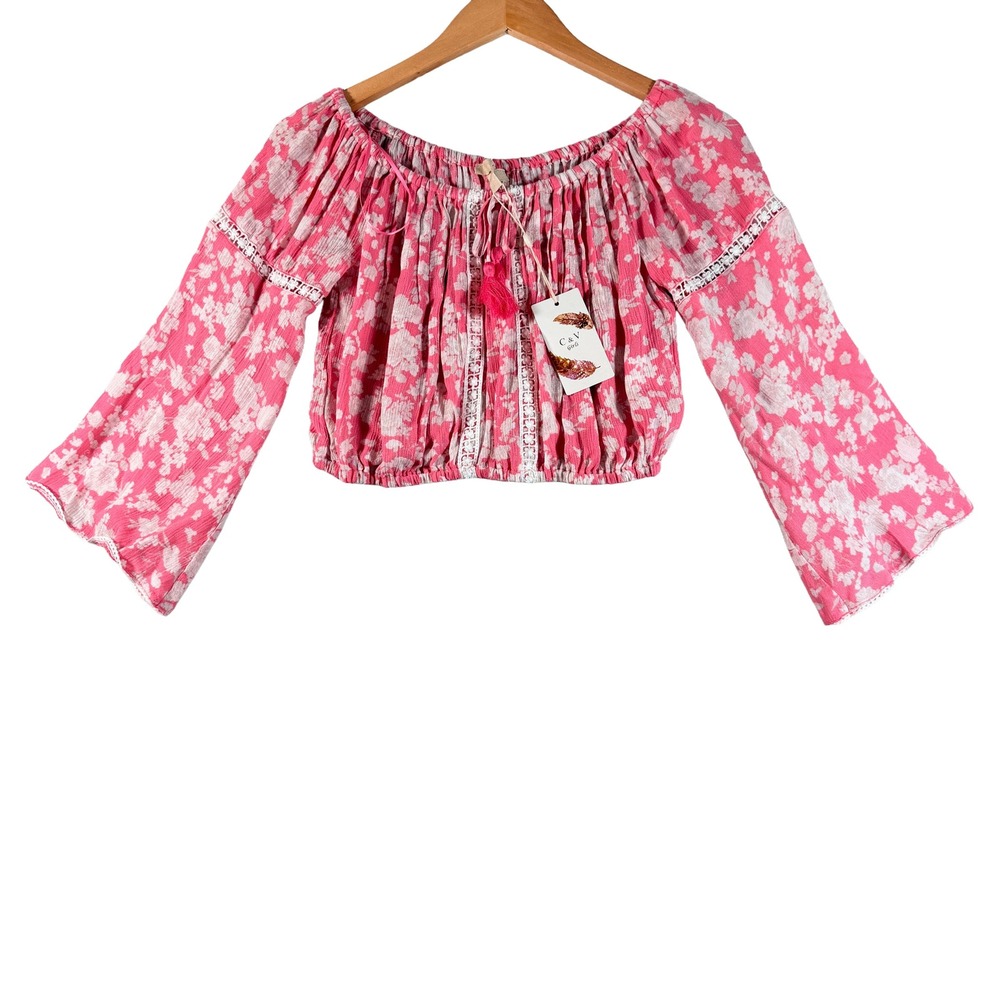 C&V Girls L 12/14 Floral Crop Top Bell Sleeve Vintage Pink Boho